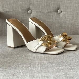 Express White Block-Heel Mules with Gold Chain Accent